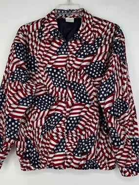 Tapestry Womens Small Zip Front Jacket 100% Cotton Blue Red White USA Flag Print
